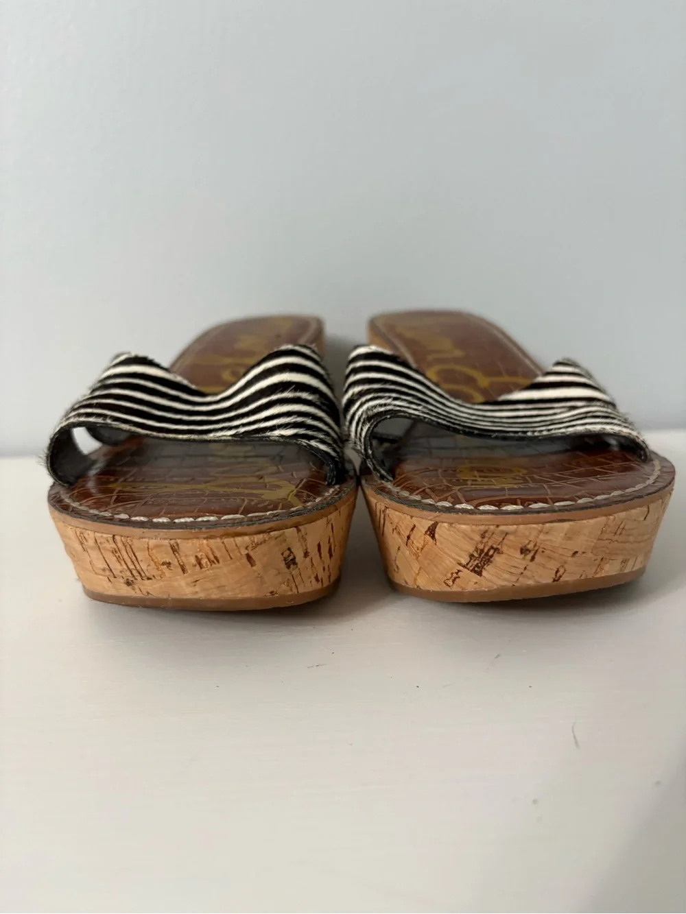 Sam Edelman Reid Zebra Print Calf Hair Cork Platform Wedge Slide Sandals 6.5M